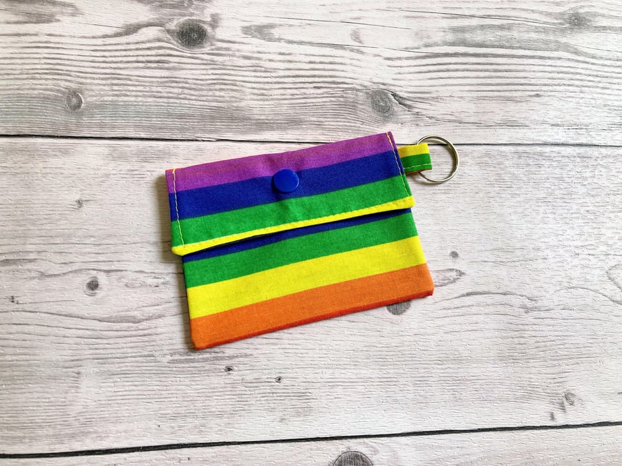 Rainbow striped card holder pouch keyring. Loyalty, credit, debit cards purse.