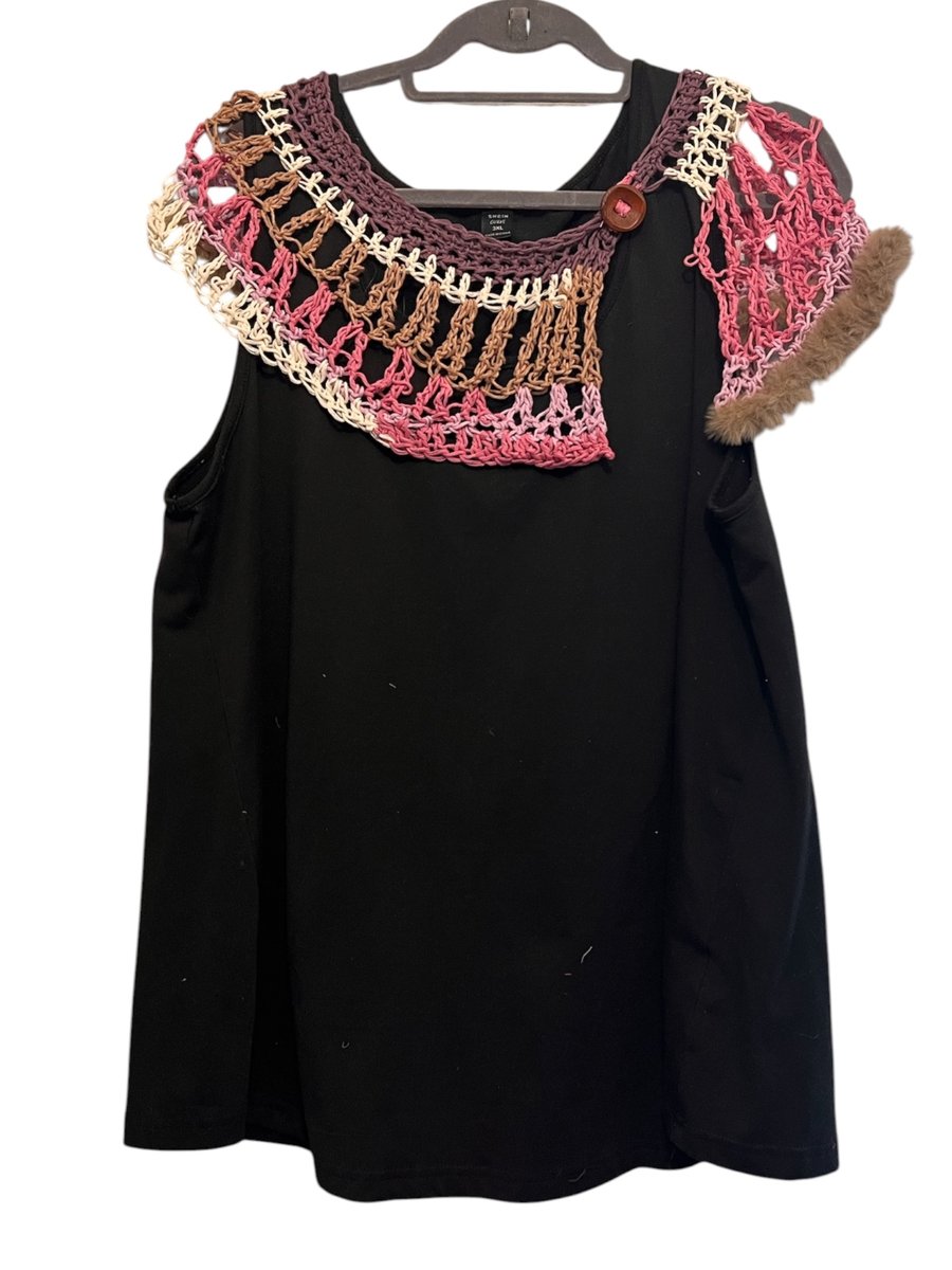 Upcycled Boho Festival Crochet Collar with Faux Fur Trim in Pink and Mocha