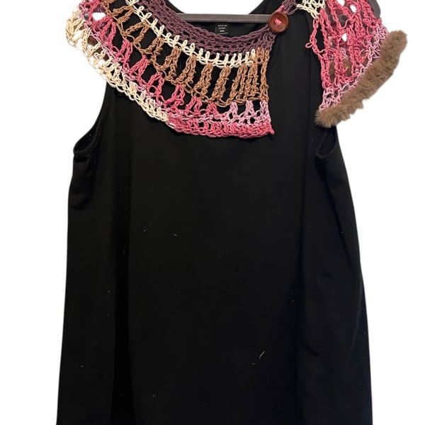 Upcycled Boho Festival Crochet Collar with Faux Fur Trim in Pink and Mocha