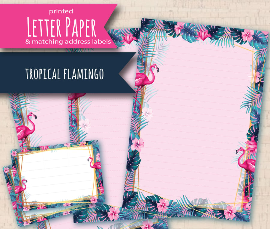 Letter Writing Paper Tropical Flamingos, with self adhesive address labels
