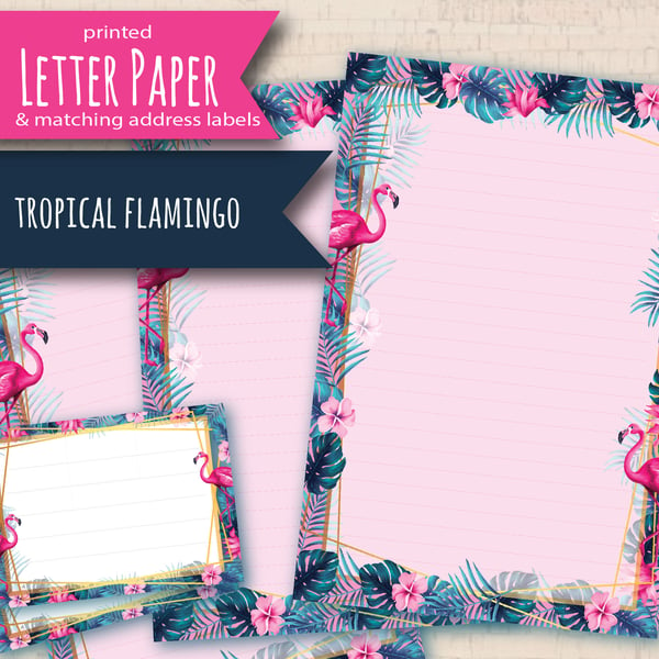 Letter Writing Paper Tropical Flamingos, with self adhesive address labels