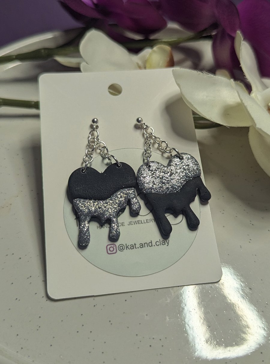 Black and Silver Dripping Heart Earrings