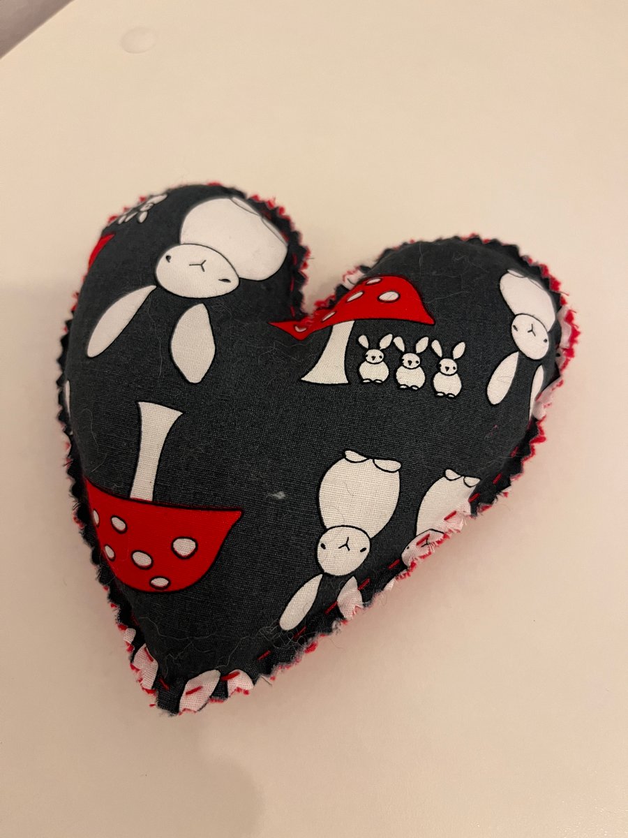 Heart Shaped Pin Cushion Rabbits Mushrooms Red Grey White
