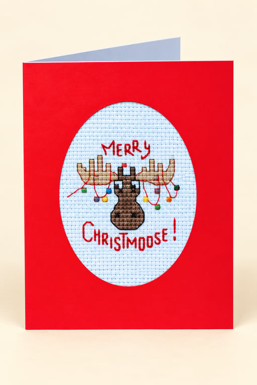 Merry Christmoose Handmade Cross Stitch Christmas Card – Funny Moose Design