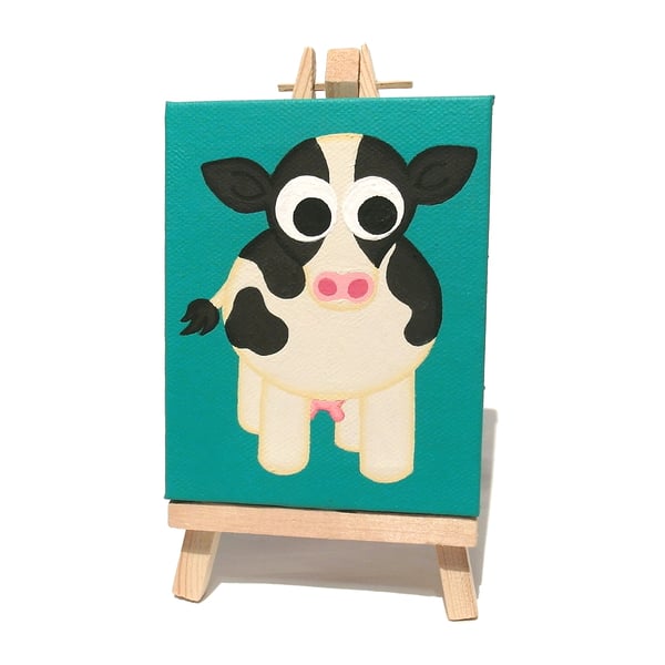 Cute Cow Painting - Original Mini Canvas Art of Black and White Cow