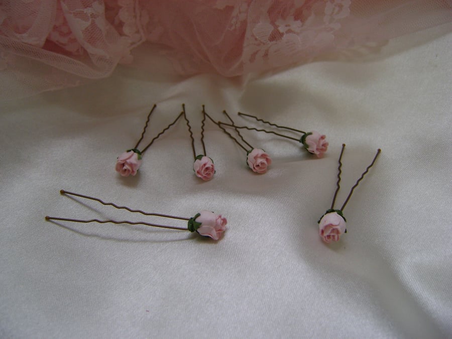 Six Pale Pink Rosebud Hairpins 