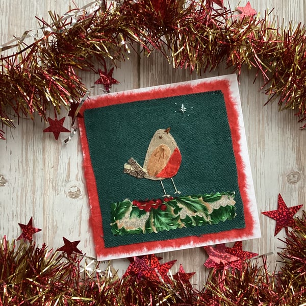 Hand stitched Christmas card, fabric robin card, robin gift, robin textile art 