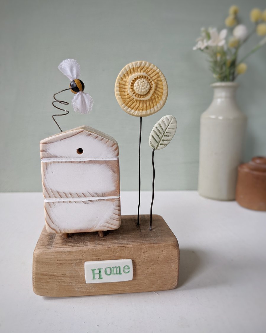 Wooden Beehive With Clay Flower and Bee 'Home'