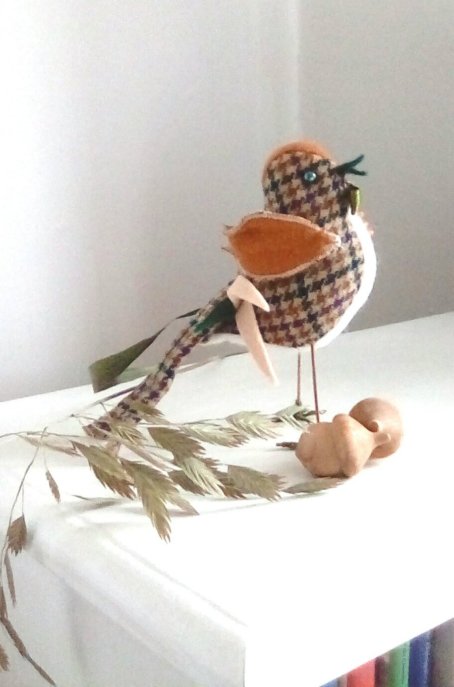 Tweed Bird, Handmade Bird, Bird Sculpture, Brown Bird, Green Bird
