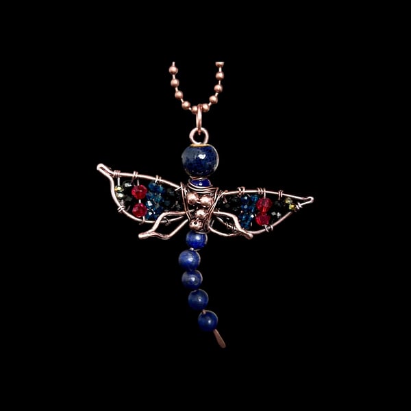 Oxidised Copper Lapis Lazuli Dragonfly, Gift for her, Birthday 