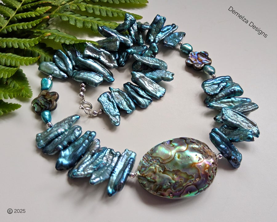 Rare Teal Biwa & Kewi Freshwater Pearl, & Abolone Shell Pearl Necklace 