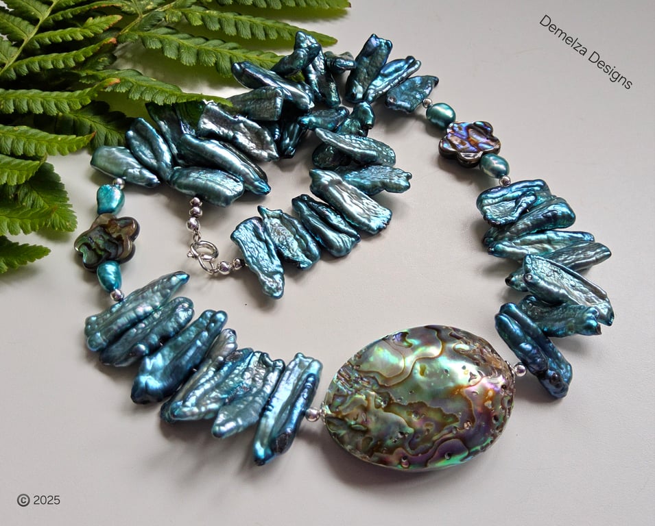 Rare Teal Biwa & Kewi Freshwater Pearl, & Abolone Shell Pearl Necklace 