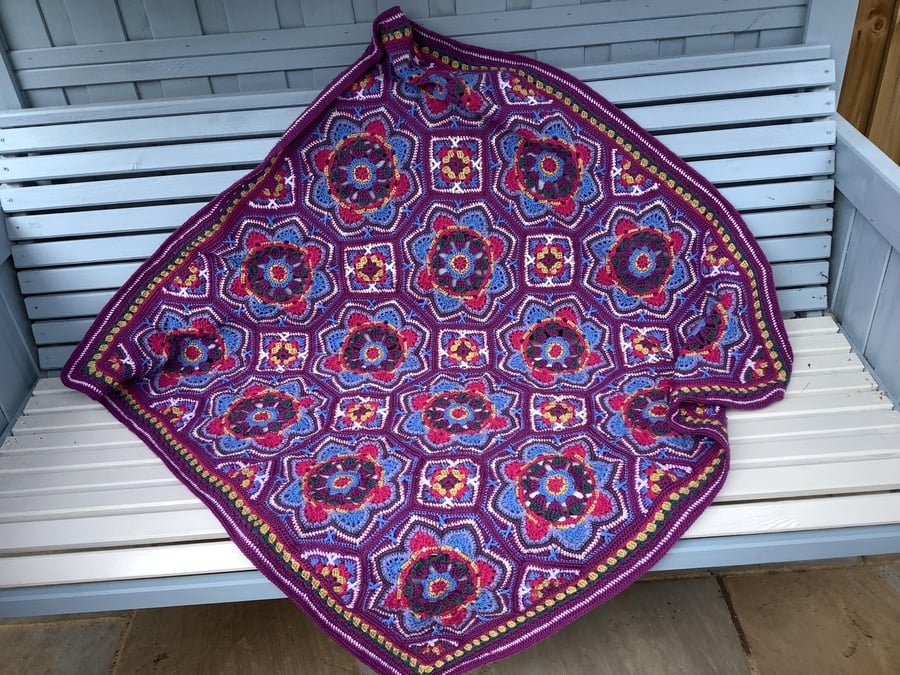 Handmade Crochet Blanket Throw, Mosaic Tile in purple, pinks and lime 115x115cm