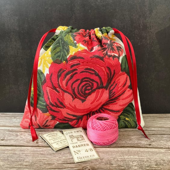 1950s Floral 'Carnations & Roses' Vintage Barkcloth Drawstring Bag, Wine Ribbon