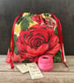 1950s Floral 'Carnations and Roses' Vintage Barkcloth Drawstring Bag - Wine