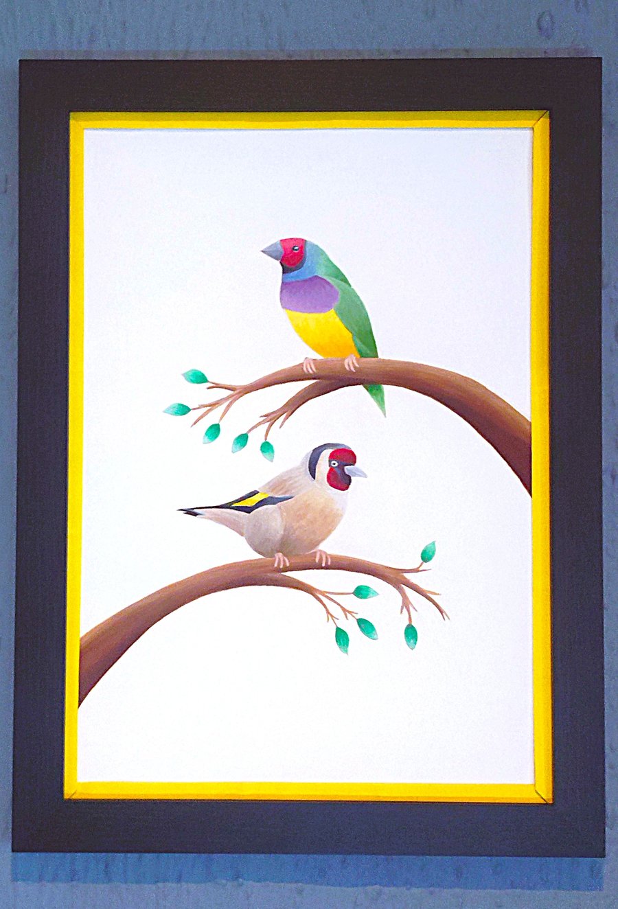 Handmade Framed A3 Print Colourful Gouldian GoldFinch Yellow Border Wallart