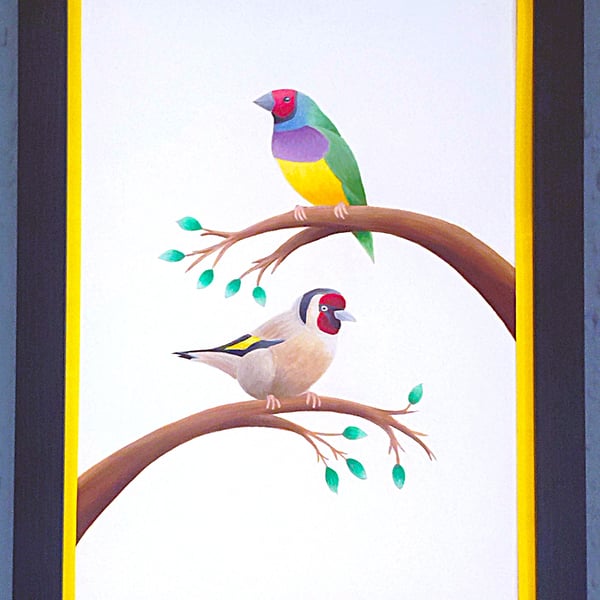 Handmade Framed A3 Print Colourful Gouldian GoldFinch Yellow Border Wallart