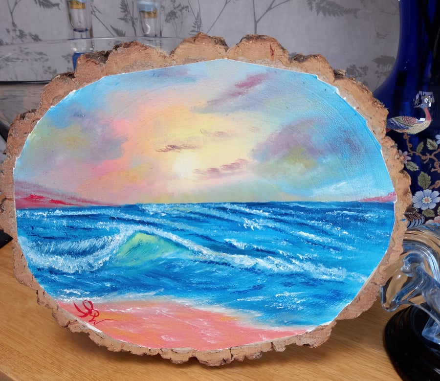 Colourful Waves Painting on Bark Edged Wood