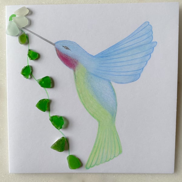 Cornwall sea glass hummingbird design greeting card