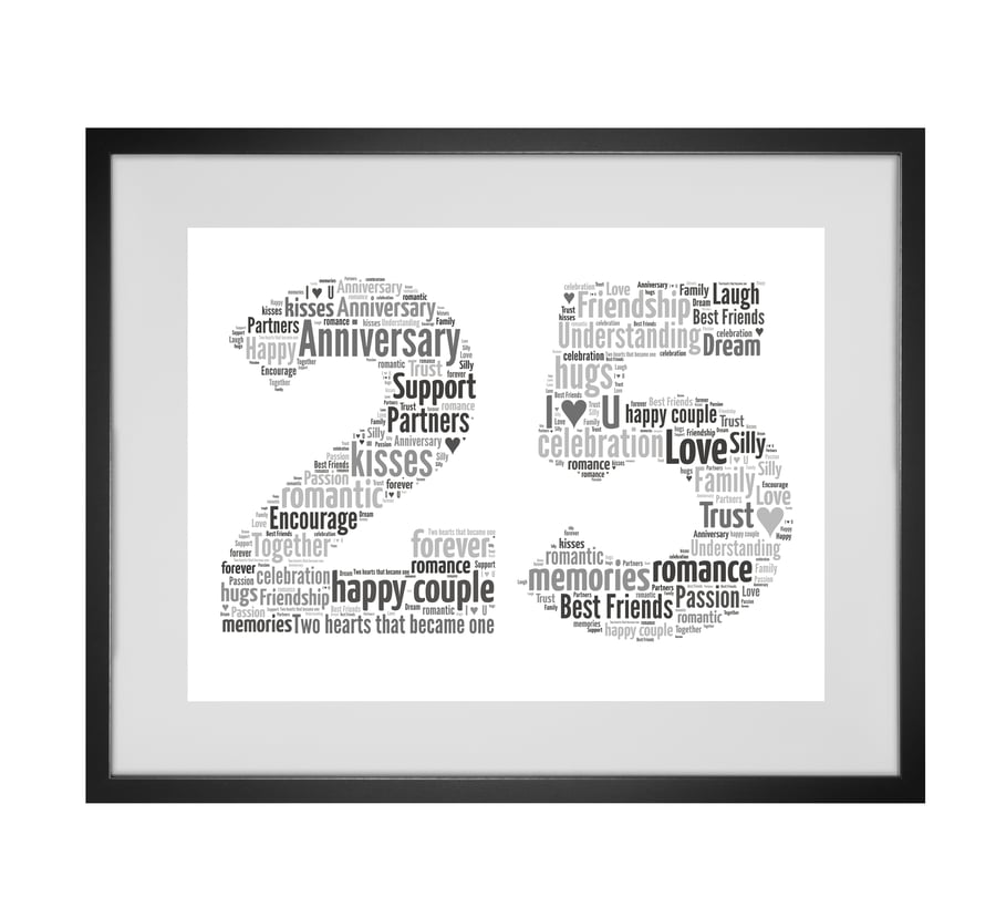 Personalised Word Art 25th Year Wedding Anniversary Gift any year can be created