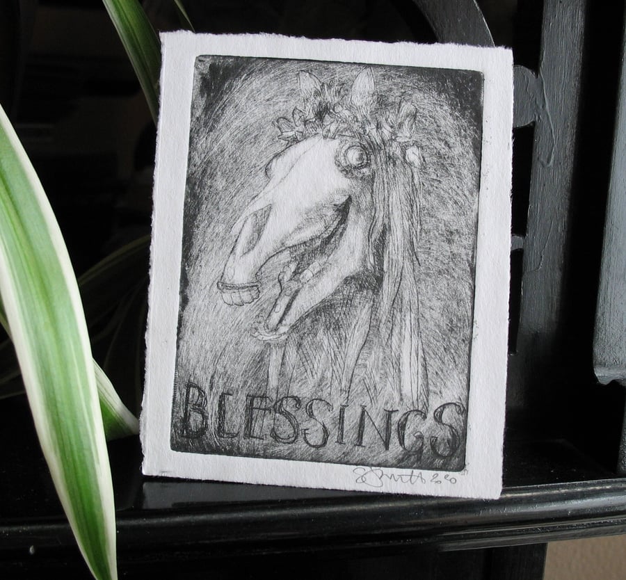 Mari Lwyd original drypoint etching 