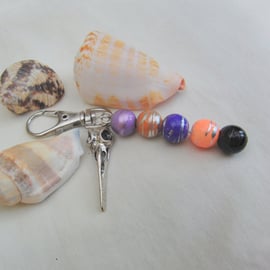 Multi Coloured Beads and Silver Bird Skull Charm Bag Charm, Halloween