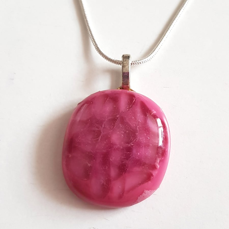 Raspberry Pink Fused Glass Pendant - Abstract Glass Necklace