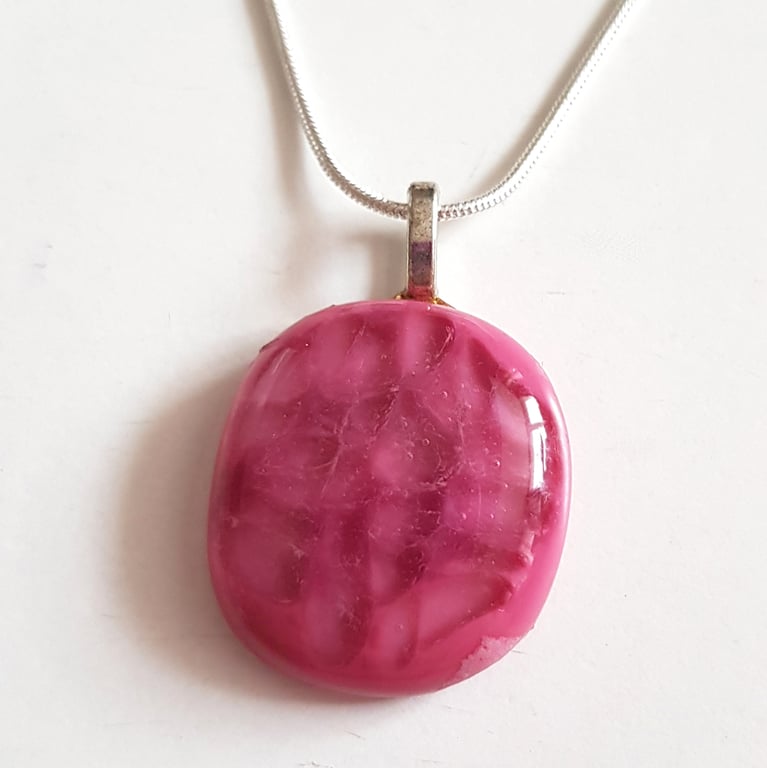 Raspberry Pink Fused Glass Pendant - Abstract Glass Necklace