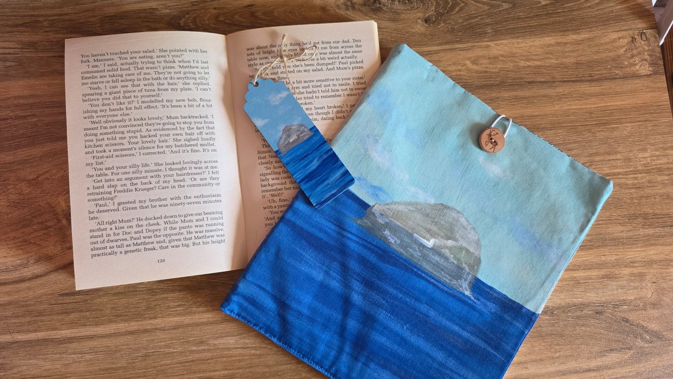 Hand Painted Bookbag and Bookmark - North Berwick Bass Rock