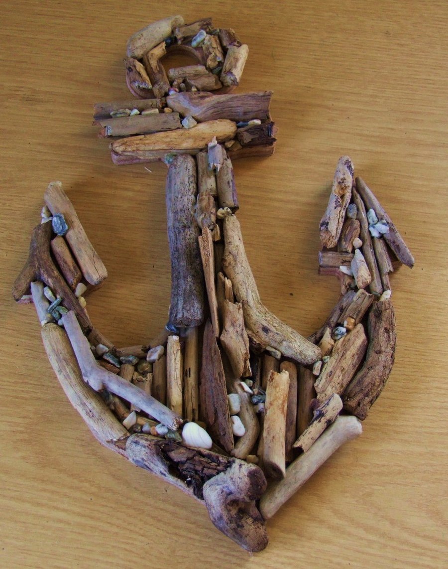 Wooden anchor made from driftwood found on beaches in Cornwall.