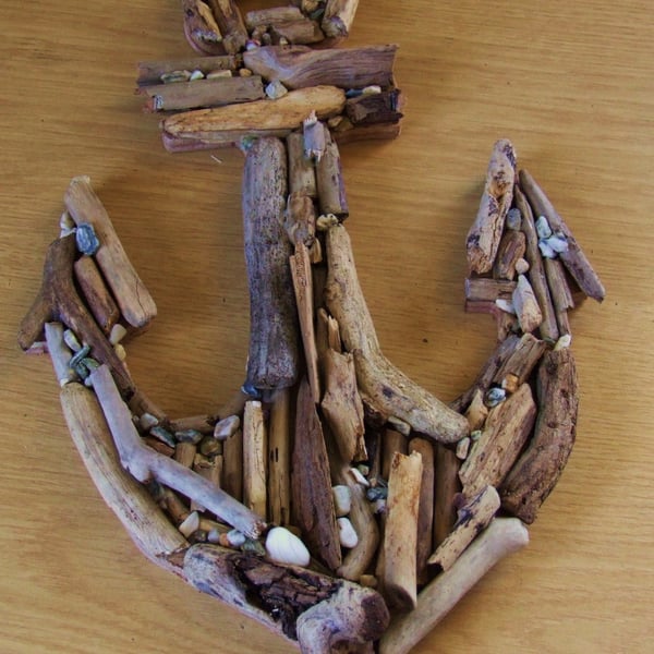 Wooden anchor made from driftwood found on beaches in Cornwall.