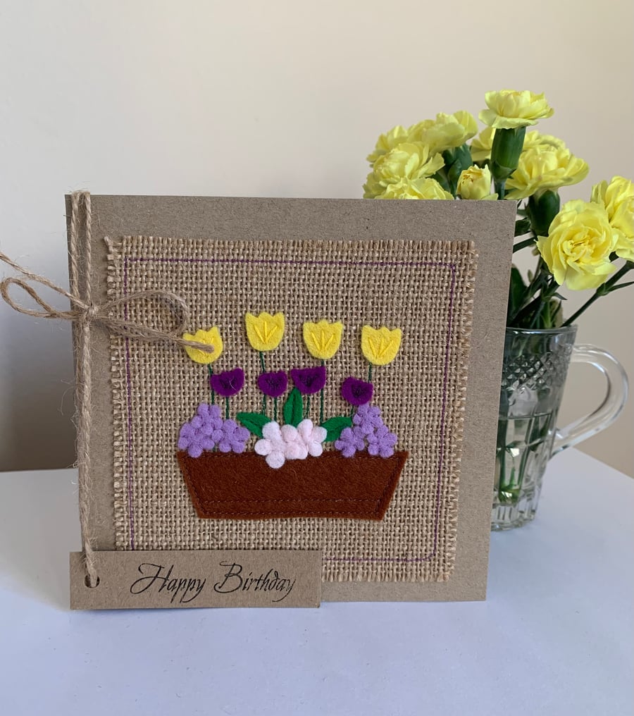 Birthday Card. Bright purple and yellow flowers. Felt. Handmade. 