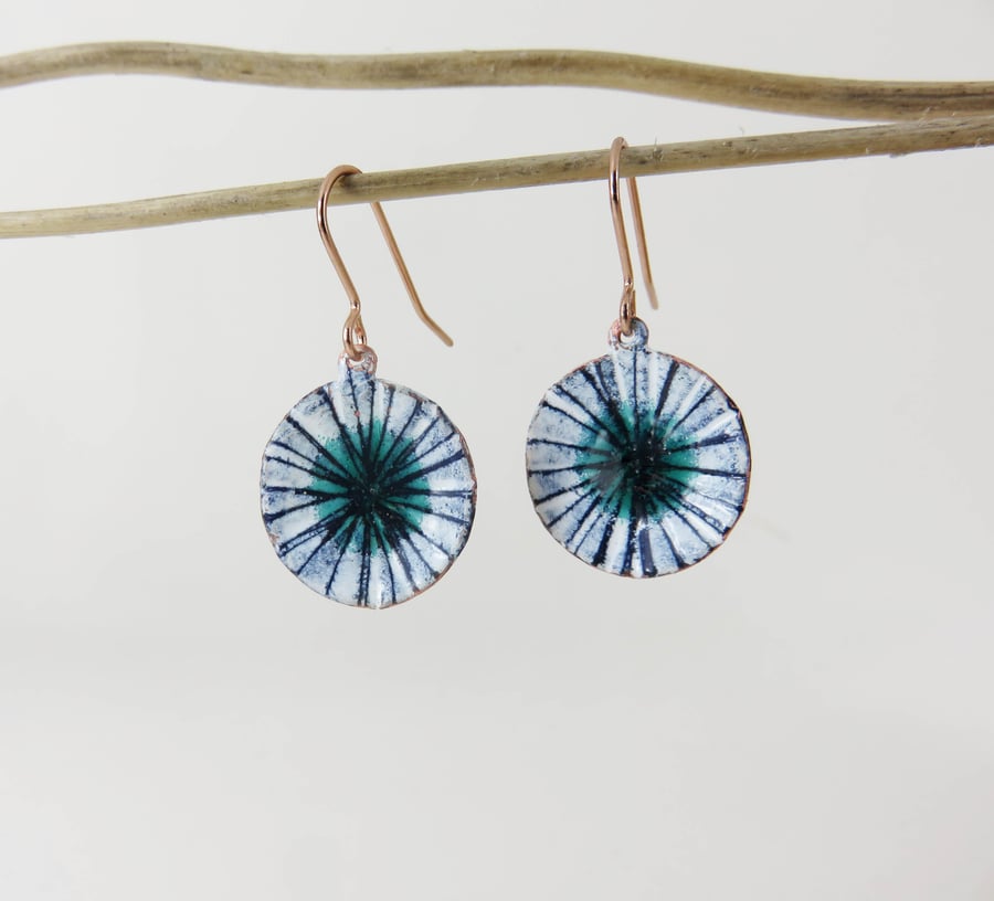 Drawn Blue and White Enamel Dangle Earrings with Clear Green Pools