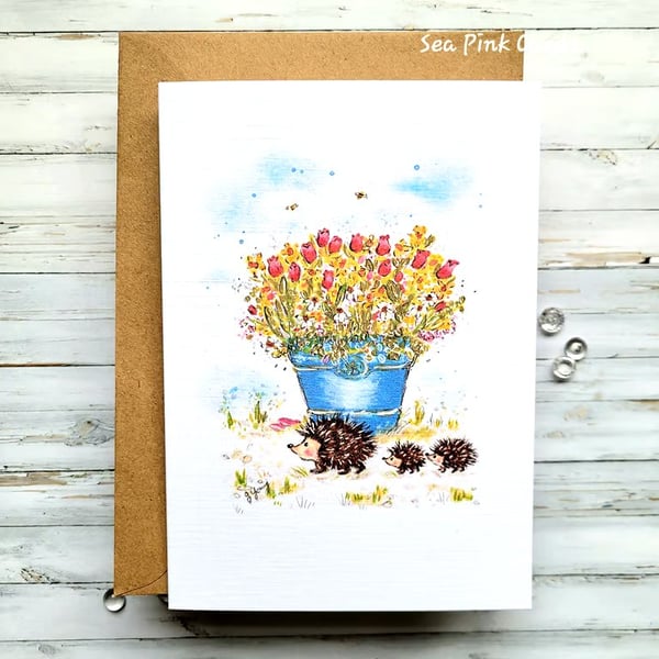 Easter Card - spring, hedgehogs, flowers, blank 