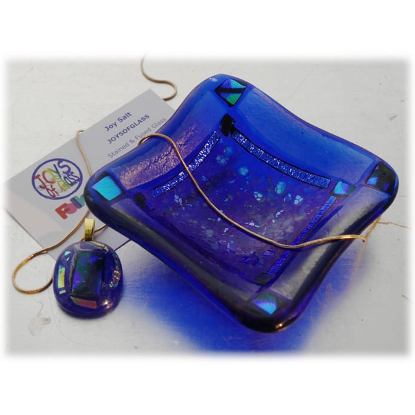 Fused Glass Trinket Dish 8.5cm Royal Blue Dichroic Deep