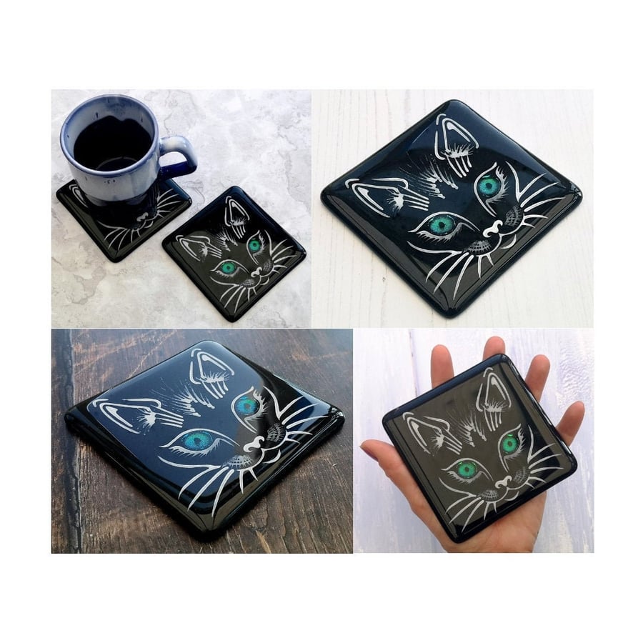 Handmade Fused Glass Black Cat Face Drinks Coaster - With Dichroic Glass Eyes