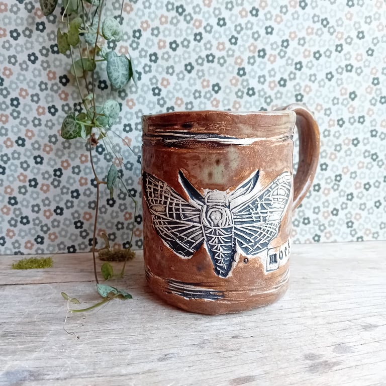 moth-er coffee cup, brown and teal, deaths head moth tea mug ceramic