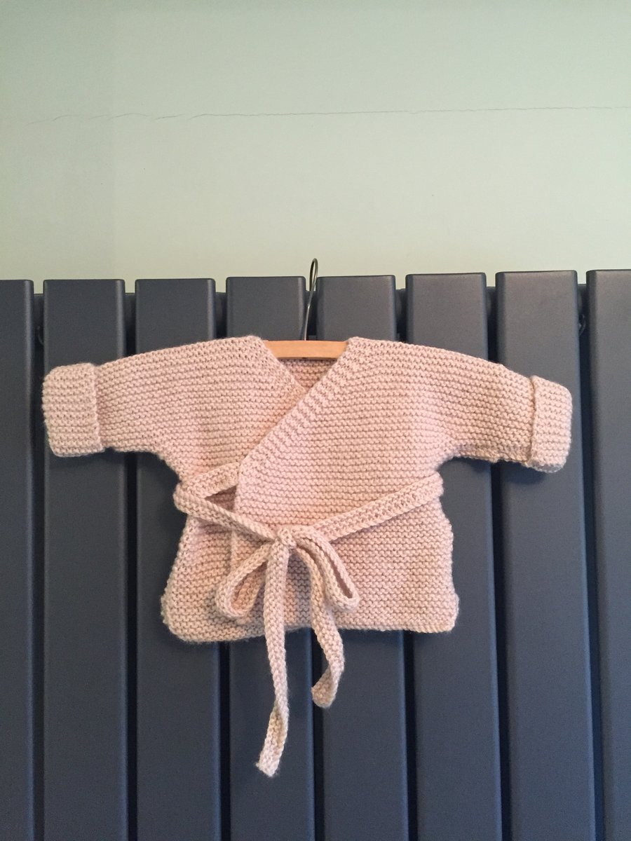 Hand knitted baby wrap cardigan - oatmeal