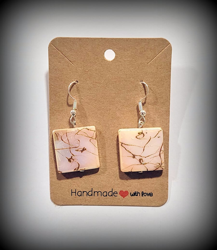 Cream & Gold Glass Square Charm Dangle Earrings on Silver Plated Earring Hooks