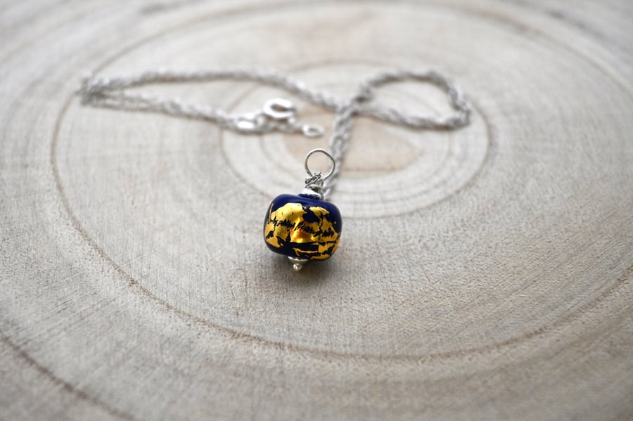 blue and gold leaf glass pendant necklace