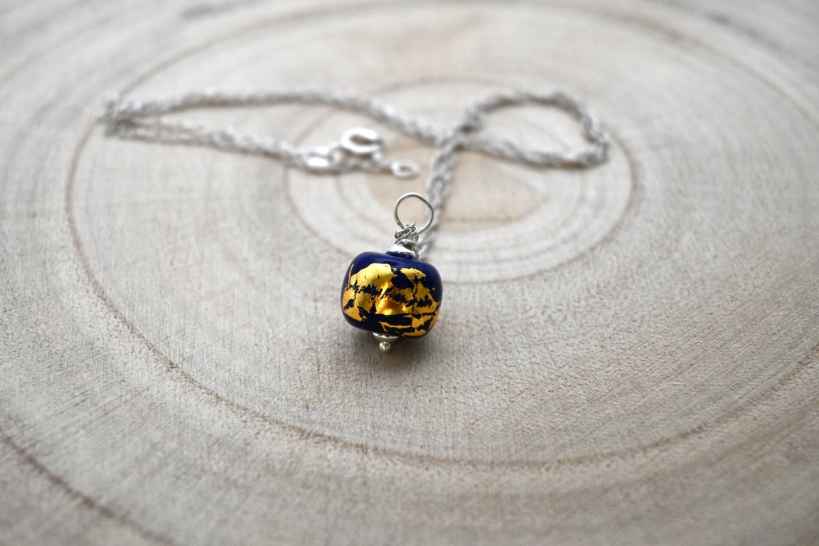 blue and gold leaf glass pendant necklace