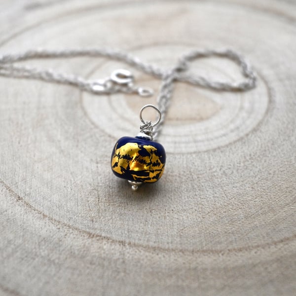 blue and gold leaf glass pendant necklace