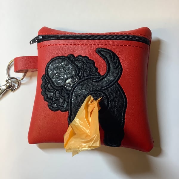 Attractive  Spaniel Embroidered Red faux leather dog poo bag ,dog walking,