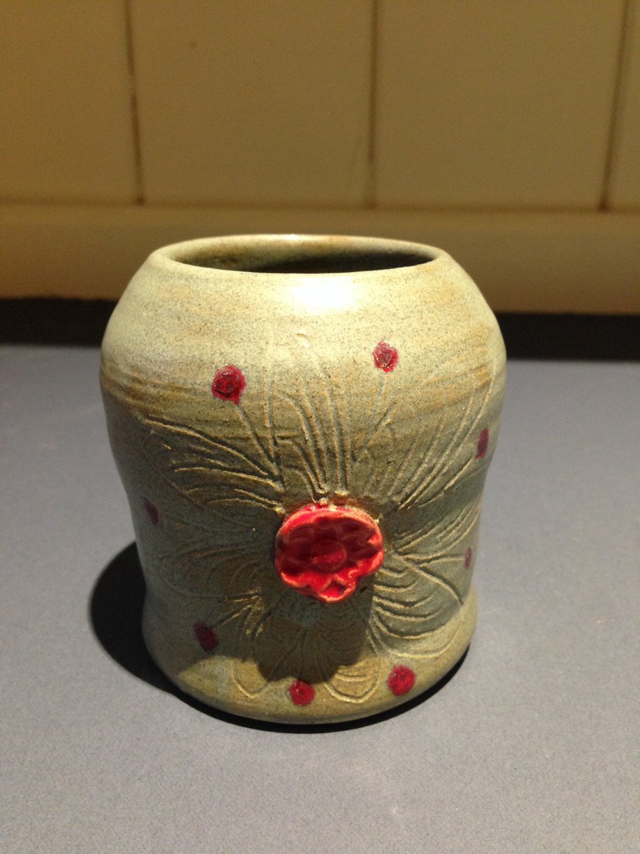 Caramic pottery blue stoneware carved flowers and buttons vase pen pot