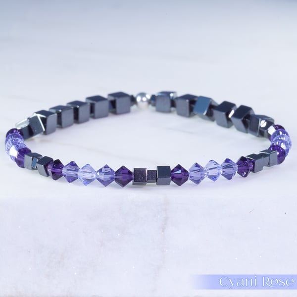 Swarovski and Hematite stretch beaded bracelet purple black