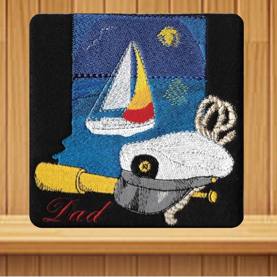 Handmade Embroidered Dad Sailing Ship Design greetings card 