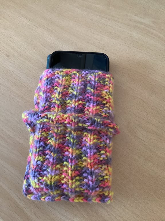 MOBILE PHONE SLEEVE SIZE 8x3.5" or 20x9cm HAND KNITTED IN MULTICOLOURED YARN