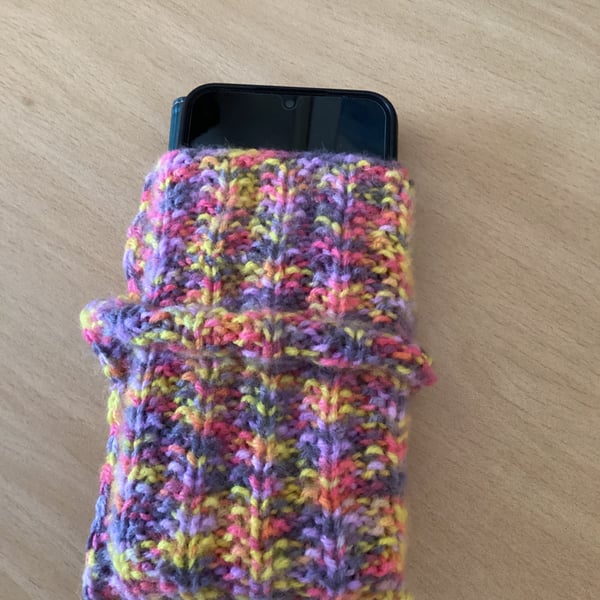 MOBILE PHONE SLEEVE SIZE 8x3.5" or 20x9cm HAND KNITTED IN MULTICOLOURED YARN