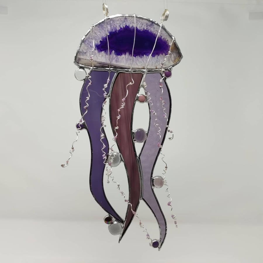 SOLD Jellyfish with large purple agate slice stained glass hanging decoration. 