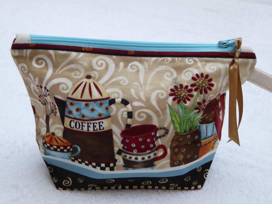Coffee Pot Themed Print Cotton Zipped Purse. Fully Lined with Gusset and Zip.